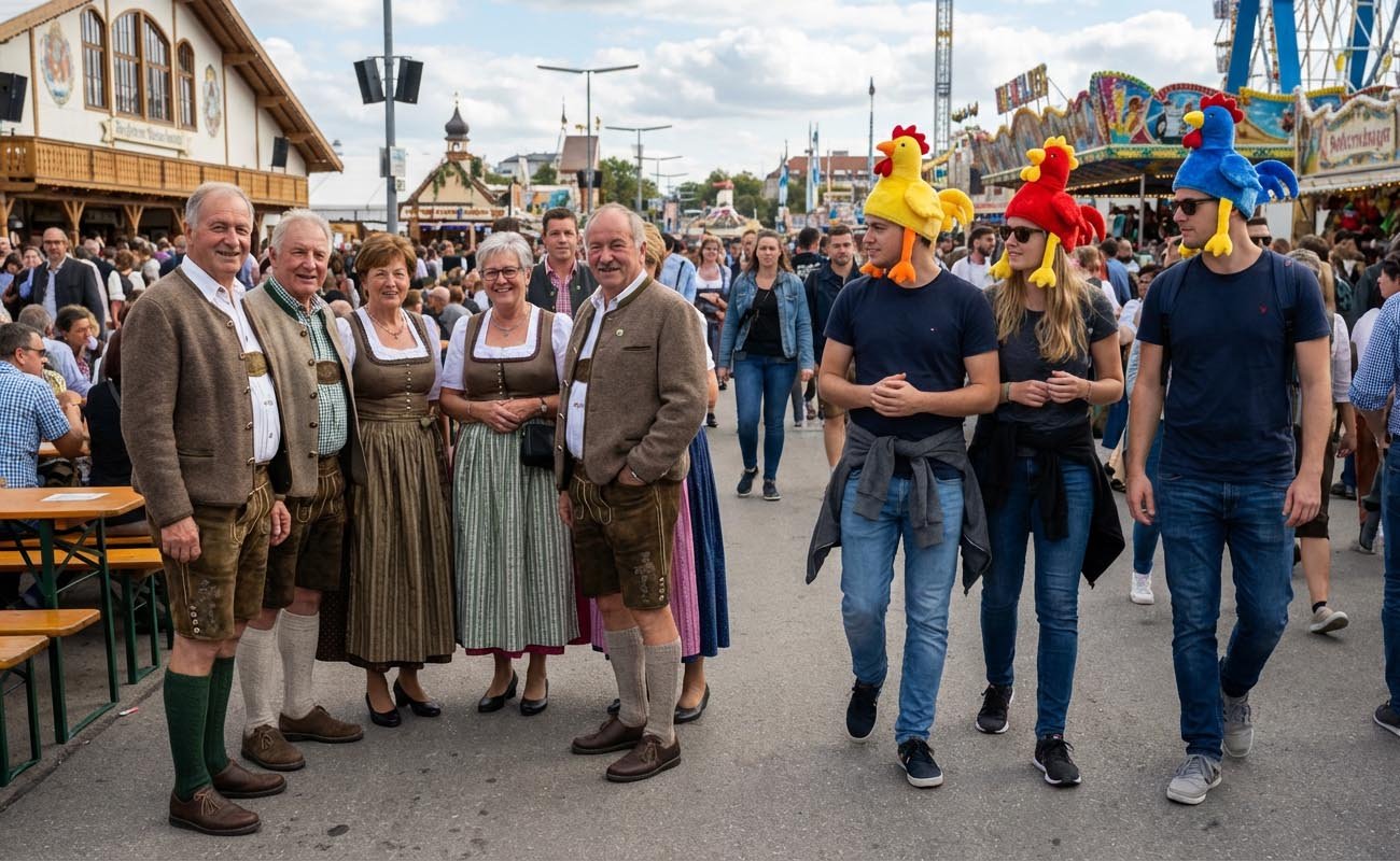 Why do people wear chicken hats at Oktoberfest?