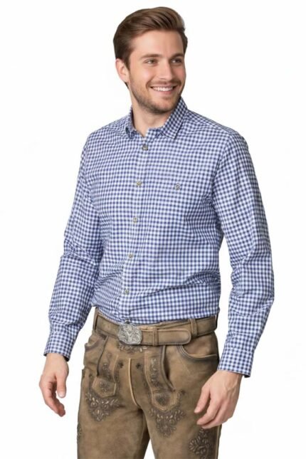 Authentic Alpine Vichy Gingham German Trachten Shirt For Men