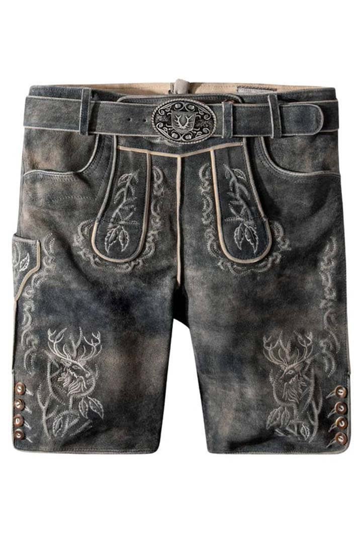 Stag Head Lederhosen (1) Premium Stag Head Grey Bavarian Lederhosen Shorts